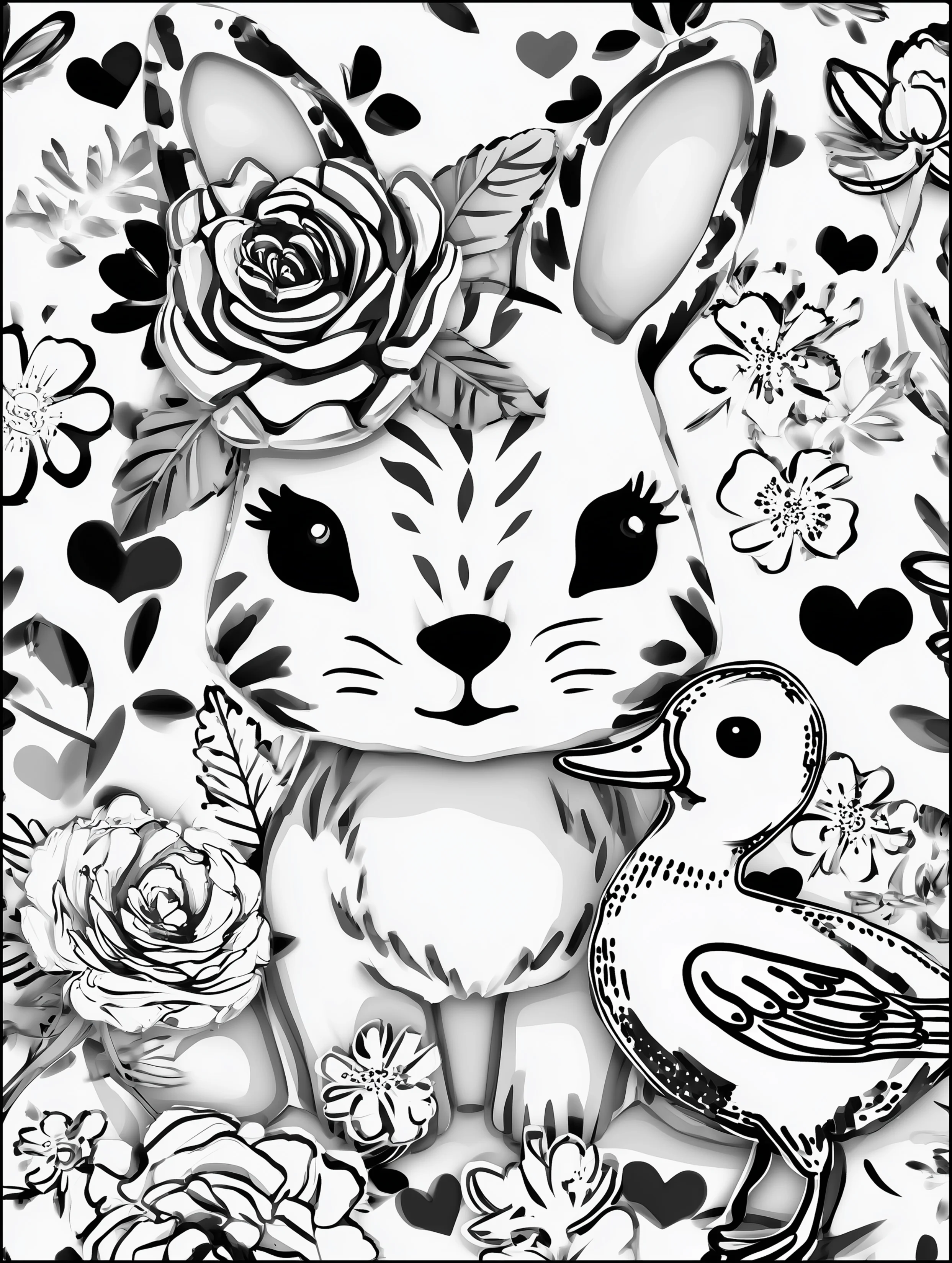 Free printable rabbit coloring page for adults featuring a bunny nuzzling a duck